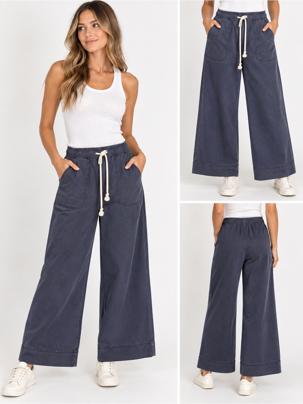 Joie Lyocell Navy Wide-Leg Drawstring Pants
